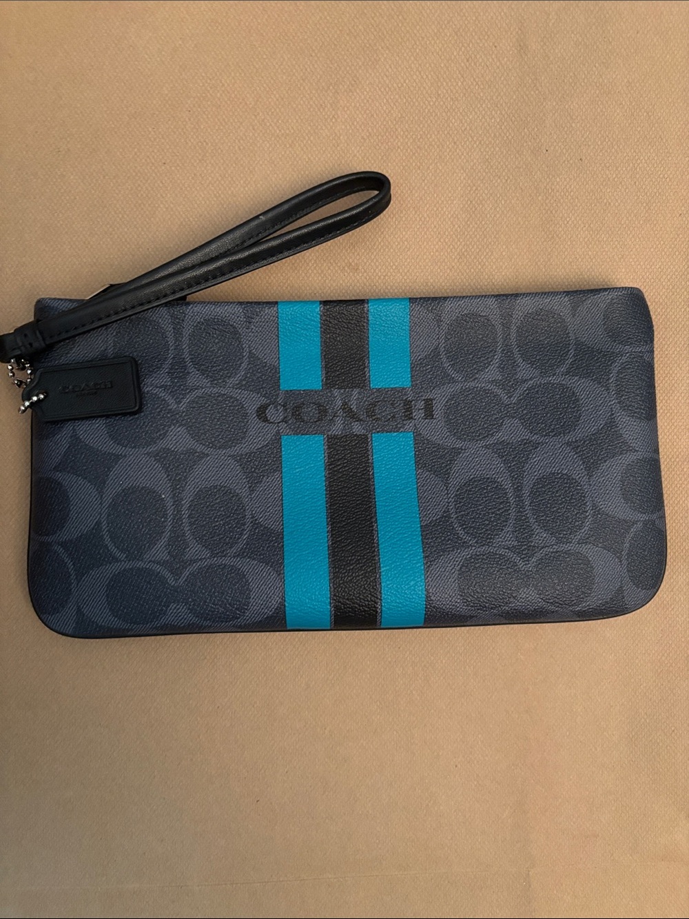 Coach Black Signature Wristlet with Teal Racing Stripes